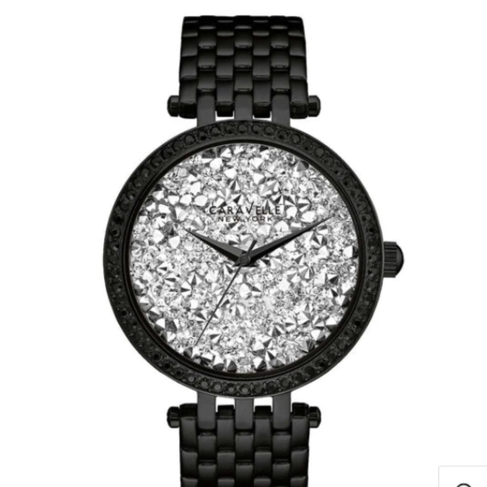 Caravelle New York by Bulova Black Ion Plated Stainless Steel Crystal Glitz Watc